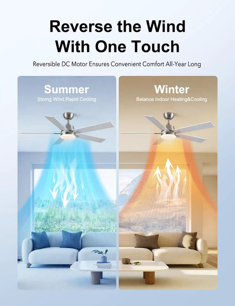 52 Inch Ceiling Fan With Lights And Remote, 6 Speed Reversible DC Motor, 3CCT Dimmable LED, Brushed Nickel in summer and winter mode