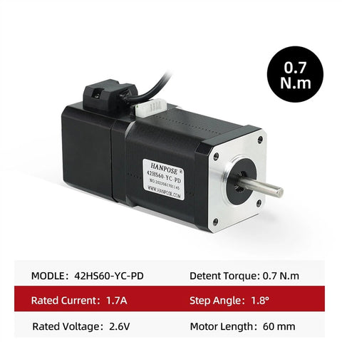 Hanpose 42HS60-YC-PD stepper motor, black housing with silver front plate, 60 mm length, angled side view