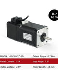 Front view of HANPOSE 42HS60-YC-PD 2-phase stepper motor with black body, silver faceplate, and connector