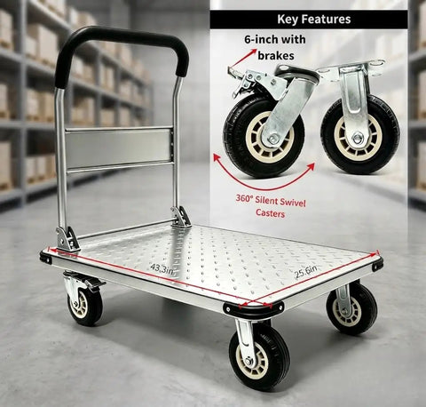 2600 Pound Capacity Steel Platform Cart With 43 By 26 Inch Flatbed Heavy Duty Industrial Moving Dolly With 6 Inch Fixed And Swivel Brake Wheels A Real Warehouse Workhorse For Inventory Tools And Equipment, 43.3x25.6 in steel flatbed and 6-inch brake wheels