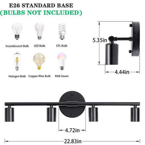 4 Light Black Vanity Light Fixture For Bathroom Over Mirror Vintage Farmhouse Industrial Wall Sconce dimensions and bulb types