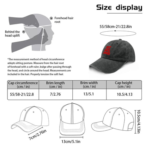 Size guide for the Effortlessly Cool Lightweight Summer Cotton Dad Hat For Women With Adjustable Strap. Includes cap dimensions.