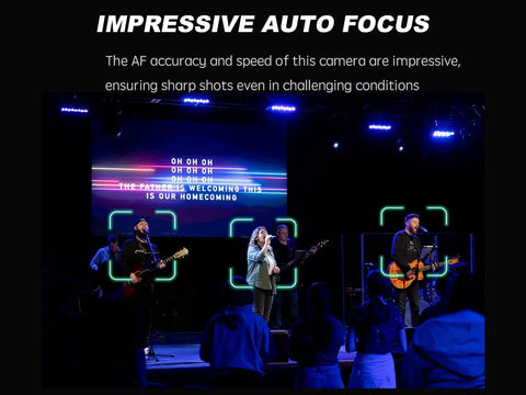 Band on stage with AI Auto Tracking 6 Camera PTZ Live Streaming System With 20x Optical Zoom, NDI HX3 HX2 Ready, in low-light setting