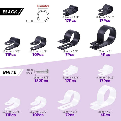 R Type Nylon Cable Clip Kit 135 Pack Six Size Assortment For Wire Management With Screws White And Black Premium Nylon Fasteners display