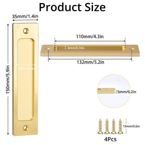 Sliding Barn Door Pull Handles 2 Pack Aluminum Alloy Flush Recessed Rectangular Pulls dimensions and screws in gold finish