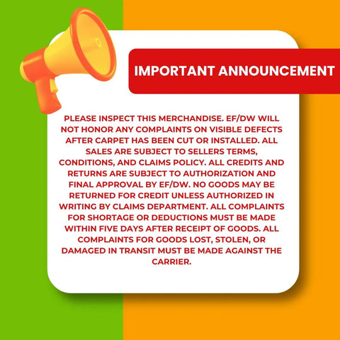 Important announcement notice about merchandise inspection and claims policy in bold red and white text with a megaphone graphic.