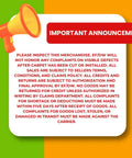 Important announcement text on customer service and returns, green and orange background with a megaphone illustration