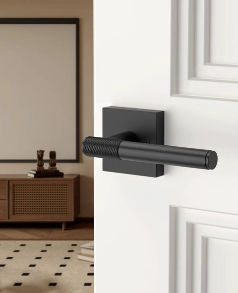 Matte Black 2 Pack Dummy Interior Door Handles With Lever And Deadbolt, Keyed Entry From Outside And Fast Thumb Button Lock Inside, All Keys Alike For A Simple, Secure Home Security Upgrade on white door