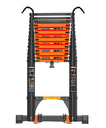 Built Tough Aluminum Telescoping Extension Ladder With Quick Glide Wheels And Wide Anti Slip Pedals, standing vertically.