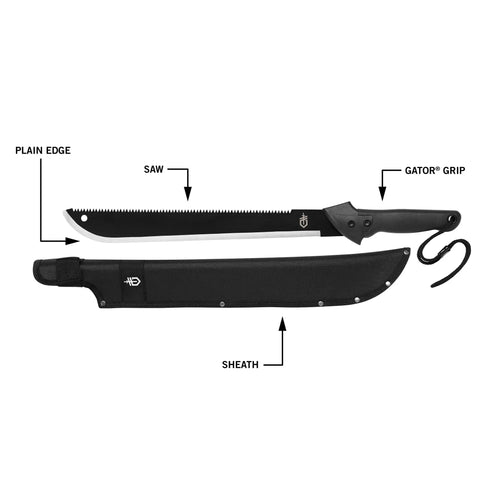 Gator Machete 25 Inch Two In One Machete With 18 Inch Plain Edge Blade And Reverse Saw Textured Gator Grip Handle Durable Stainless Steel Blade Includes Nylon Sheath For Camping Hunting Gardening And Bushcraft displayed with sheath