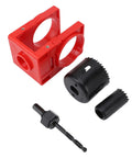 Super Cool Wooden Door Lock Installation Kit With Carbon Steel Saw Blades And Guide Template For Easy Deadbolt Setup On Doors, Fits Multiple Sizes. Red template, black hole saws and drill bit.