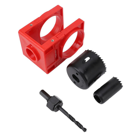 Super Cool Wooden Door Lock Installation Kit With Carbon Steel Saw Blades And Guide Template For Easy Deadbolt Setup On Doors, Fits Multiple Sizes. Red template, black hole saws and drill bit.