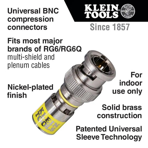 Universal BNC Compression Coax Connector For RG6 And RG6 Quad Shield Cables Male 10 Pack With Universal Sleeve Tech, solid brass.