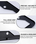 Close-up of Top Notch Black License Plate Frames Two Pack With Hardcore Stainless Steel Construction showing secure fit and L-shaped grip.