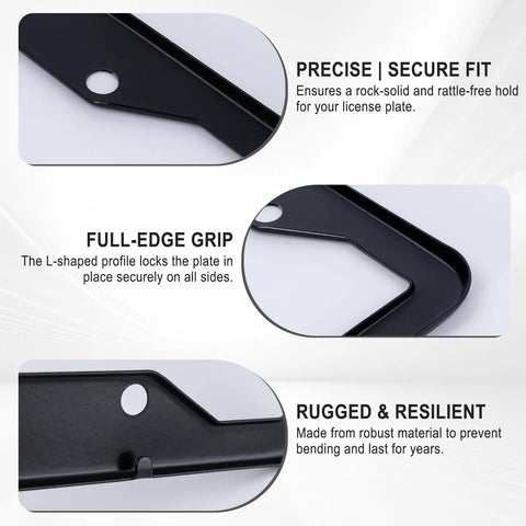 Close-up of Top Notch Black License Plate Frames Two Pack With Hardcore Stainless Steel Construction showing secure fit and L-shaped grip.