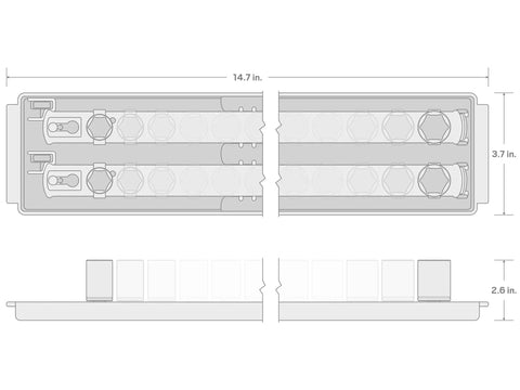Diagram of half inch drive 12 piece socket set with six point sockets in metric sizes 27 to 38 mm on tray with measurements.