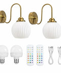 BOKT Ribbed Glass Battery Operated Wall Sconce Set of 2 with 12 RGB Colors featuring white ribbed glass shades and brass arms
