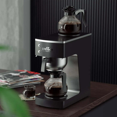 12 Cup Commercial Drip Coffee Brewer With Dual Warmer And Glass Decanters For Pour Over Convenience on wooden counter