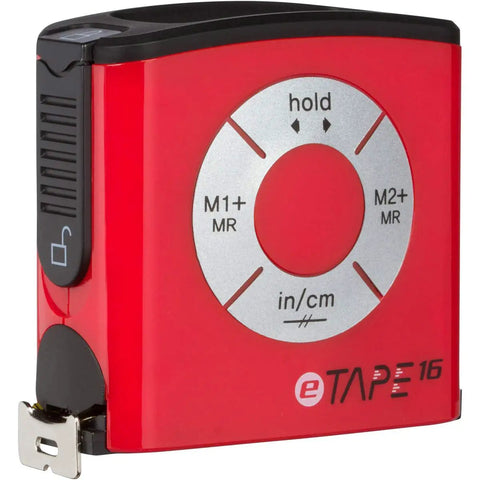 Digital Tape Measure Three Quarter Inch By Sixteen Foot Pro Grade Build Weatherproof Polycarbonate Housing in red color.