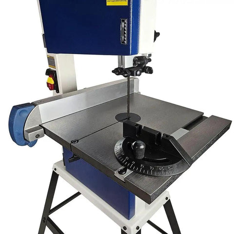 Compact 10 Inch Bandsaw With Cast Iron Table And Steel Stand For DIY Woodworkers, Rip Fence, Quick Release Tension, Four And Five Eighth Inch Resaw Capacity, Space Saving Power For Beginner Friendly Woodworking Projects, featuring cast iron table and sturdy frame.