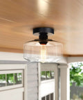 Industrial Semi Flush Mount Ceiling Light With Clear Glass Pendant Shade Farmhouse Vibe installed on wooden ceiling