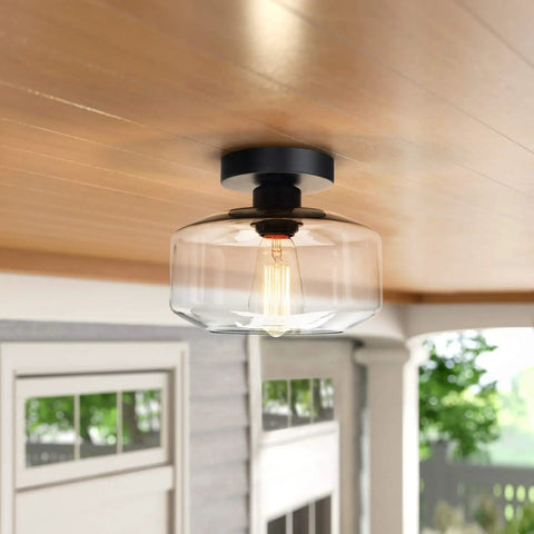 Industrial Semi Flush Mount Ceiling Light With Clear Glass Pendant Shade Farmhouse Vibe installed on wooden ceiling