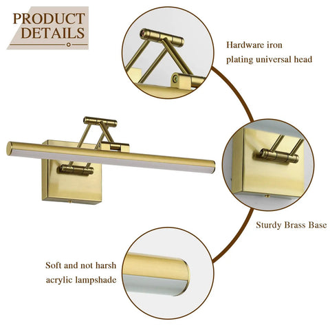 LED Picture Light For Art And Frames Dimmable 15.5 Inch Brass Wall Lamp detail view with adjustable swing arm and brass base.