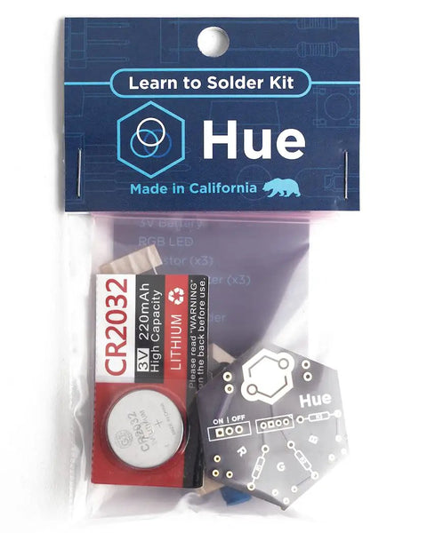 Learn To Solder Starter Kit For Beginners With RGB LED Practice Board and lithium battery in packaging