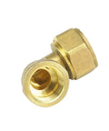 Top Tier Brass Elbow Pipe Fitting Kit connecting PEX AL PEX tubing with female threads, 90-degree angle, shiny brass finish.