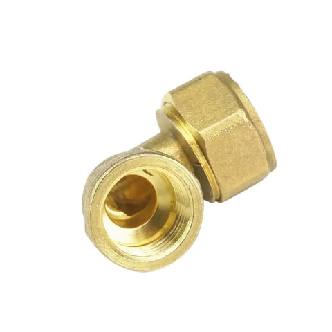 Top Tier Brass Elbow Pipe Fitting Kit connecting PEX AL PEX tubing with female threads, 90-degree angle, shiny brass finish.