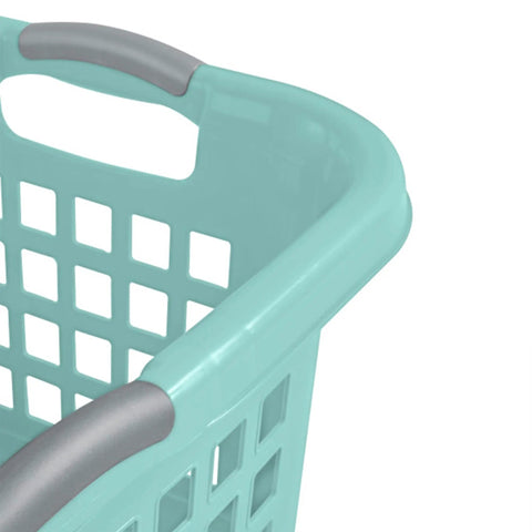 Close-up of handle on Six Pack Plastic Laundry Basket Hamper Set 2 Bushel Ultra Aqua Chrome Beastly Capacity