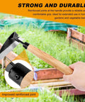 Close-up of Japanese Weeding Sickle 13 Inch Hand Weeder and Garden Hoe with wood handle in a garden setting