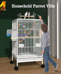 Spacious White Bold Wire Bird Cage On Smooth Rollaway Stand For Lovebirds Cockatiels with open top entry and toys.