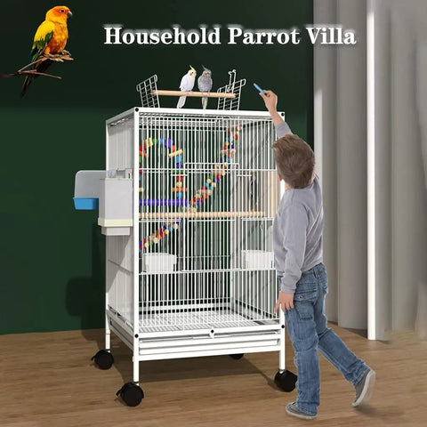 Spacious White Bold Wire Bird Cage On Smooth Rollaway Stand For Lovebirds Cockatiels with open top entry and toys.