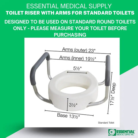 Raised Toilet Seat Riser With Padded Aluminum Arms For Support 3.5 Inch Lift measuring guide and dimensions on green background