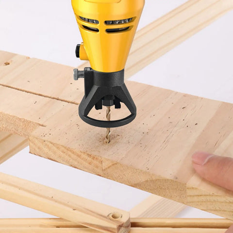 Kick Your Rotary Tool Game Up With This 29-Piece HSS Multi Drill Bit Kit Including Precision Cutting Guide And Router Attachment For Electric Grinders Sandpaper Combo Accessories drilling into wood with precision guide.