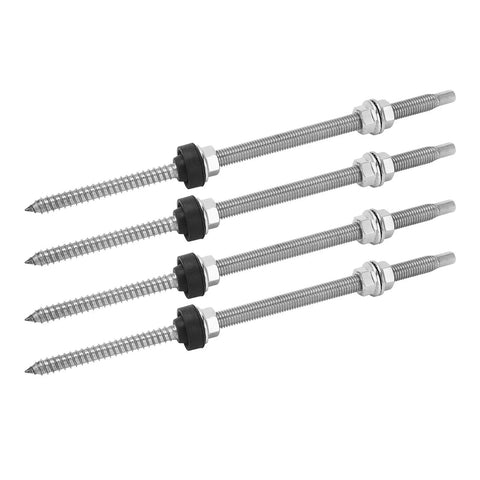 Built Tough Stainless Steel Double Ended Bolts For Solar Panel Arrays Rock Solid PV Rack Hardware And Locking Fasteners No Sweat Install Four Piece Kit displayed from the side.