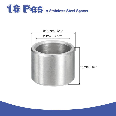 Top Shelf 304 Stainless Steel Spacers 16 Pc Pack 1/2 Inch Inner Diameter By 5/8 Inch Outer Diameter straight unthreaded standoff
