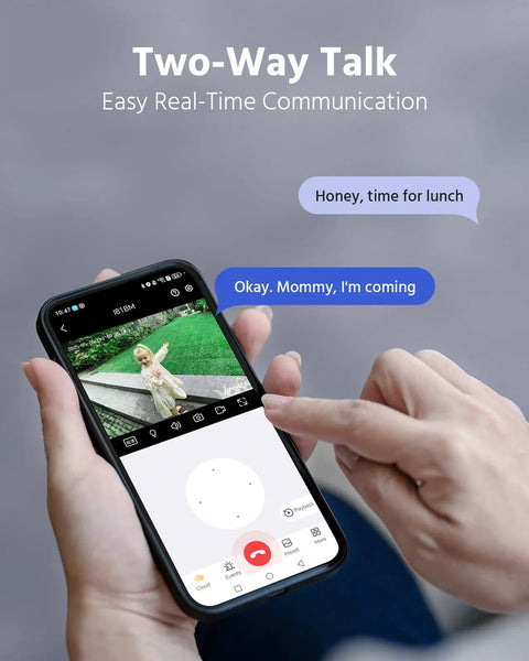 Smartphone showing two-way audio feature of Solar Wireless Security Camera Kit for outdoor home surveillance with live video feed.