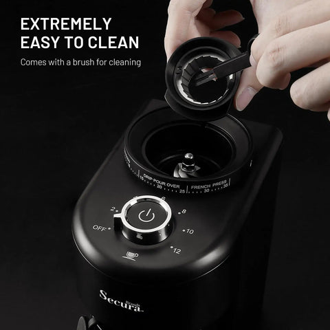 Heavy Duty Electric Conical Burr Coffee Grinder With 35 Dial In Settings And A Spacious Bean Hopper, easy to clean, showing adjustable burr.