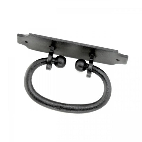 Wrought Iron Cabinet Ring Pull Set Black Antique Colonial Hepplewhite Style 5-1/4 In Backplate, 1.6 In Wide, Ring 4.1 In
