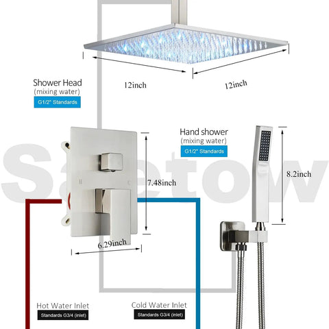 Diagram of 12 Inch LED Square Showerhead Kit With Handheld Spray, SUS304 Stainless Steel, Brushed Nickel, including rough-in valve.