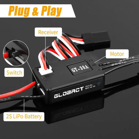 Close-up of 30A Brushless Mini ESC With 5V And 3A BEC Output And App Adjustable Parameters with labels for RC parts.