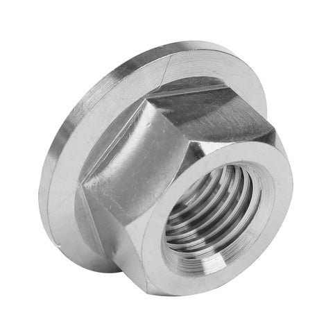 Close-up of Six Pack Titanium DIN 6923 Hex Flange Nut showing threading, part of the Grade 5 rustproof fasteners.