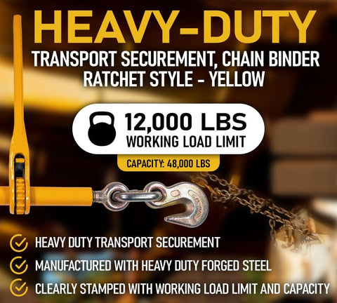 4 Pack Heavy Duty Ratchet Lever Load Binders with Grab Hooks, 12,000 Lb Working Load Limit Each, for 3/8 to 1/2 Inch Chain, yellow