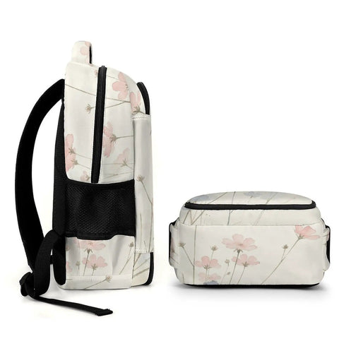 Side view of Wildflower Blooms Print Unisex Backpack Large Capacity For School, Travel, And Daily Use, breathable polyester material