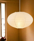 FEHEED 16 Inch Oval Plug in Hanging Paper Lantern Lights with Cord, white paper lantern with visible cord and switch.