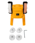 Top Shelf Mini Bench Grinder With 18V Compatible Battery For Precision Sharpening And Metal Polishing Portable Workstand featuring twin discs and accessories.