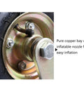 Close-up of Six Inch Pneumatic Rubber Caster Wheels showing pure copper nozzle for easy inflation and attachment details.