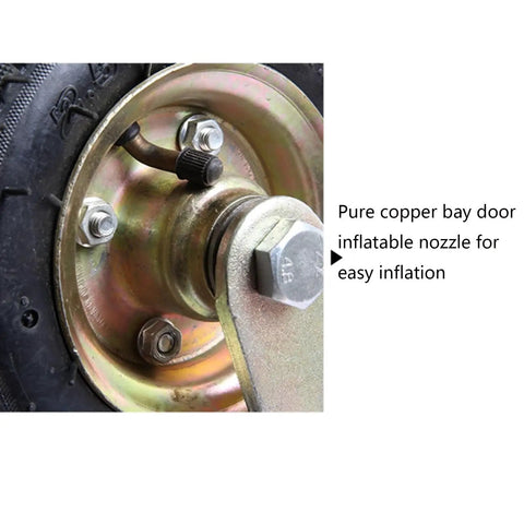Close-up of Six Inch Pneumatic Rubber Caster Wheels showing pure copper nozzle for easy inflation and attachment details.